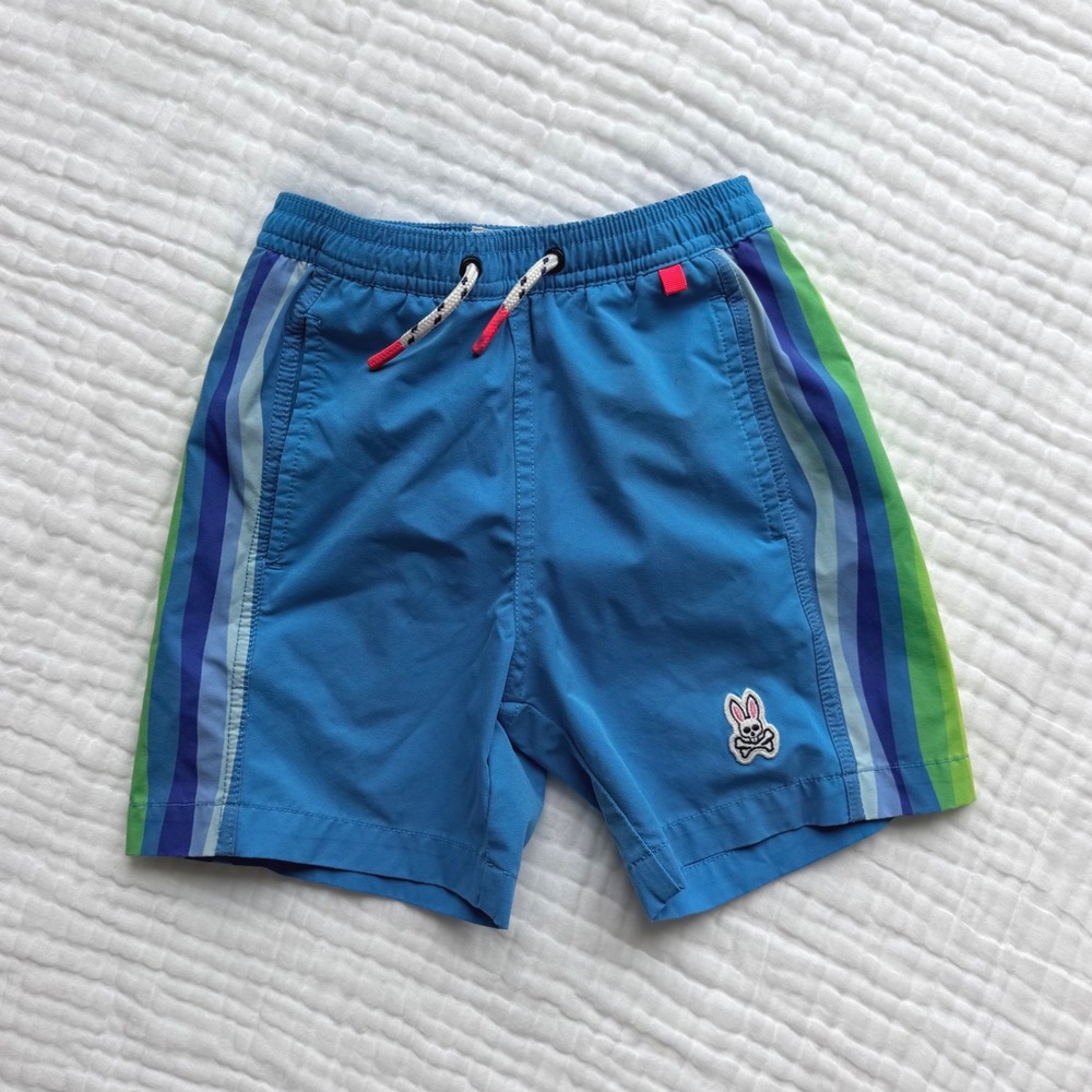 Psycho Bunny Swim Trunks‎ Boys Size 4 Blue Striped Shorts Mesh Lined